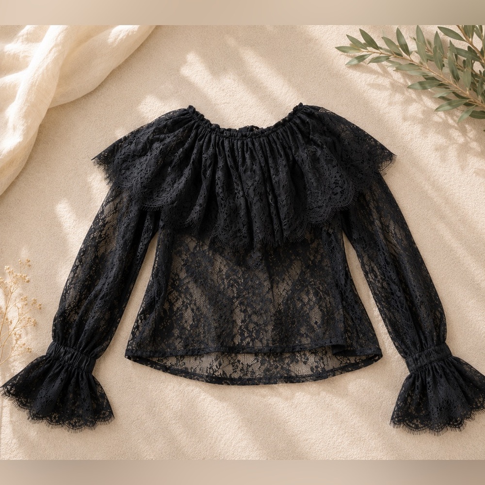 Black Lace Off-Shoulder Ruffle Blouse - Women